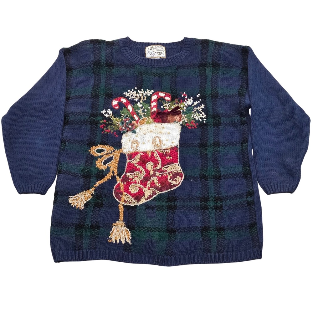 VTG Heirloom Collectibles Ugly Christmas Sweater Women Medium‎ Plaid Stocking